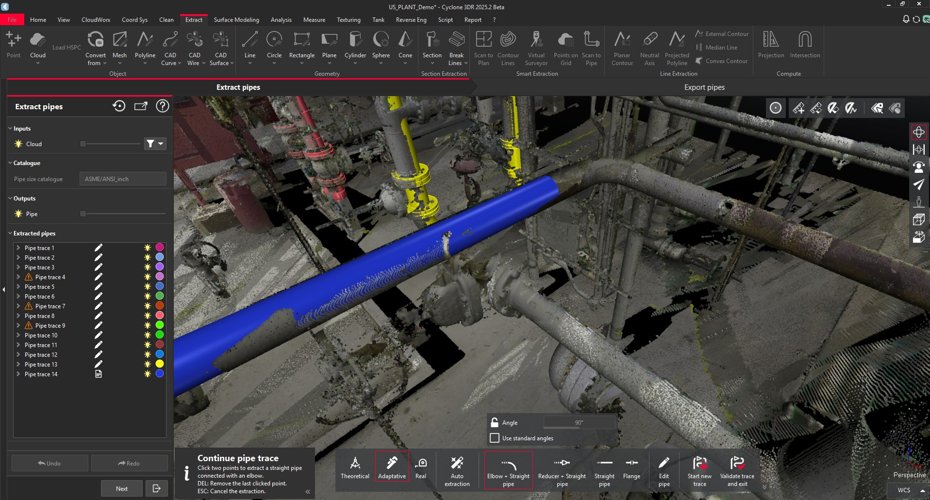 3D model showing pipe extraction process with various tools and options displayed.